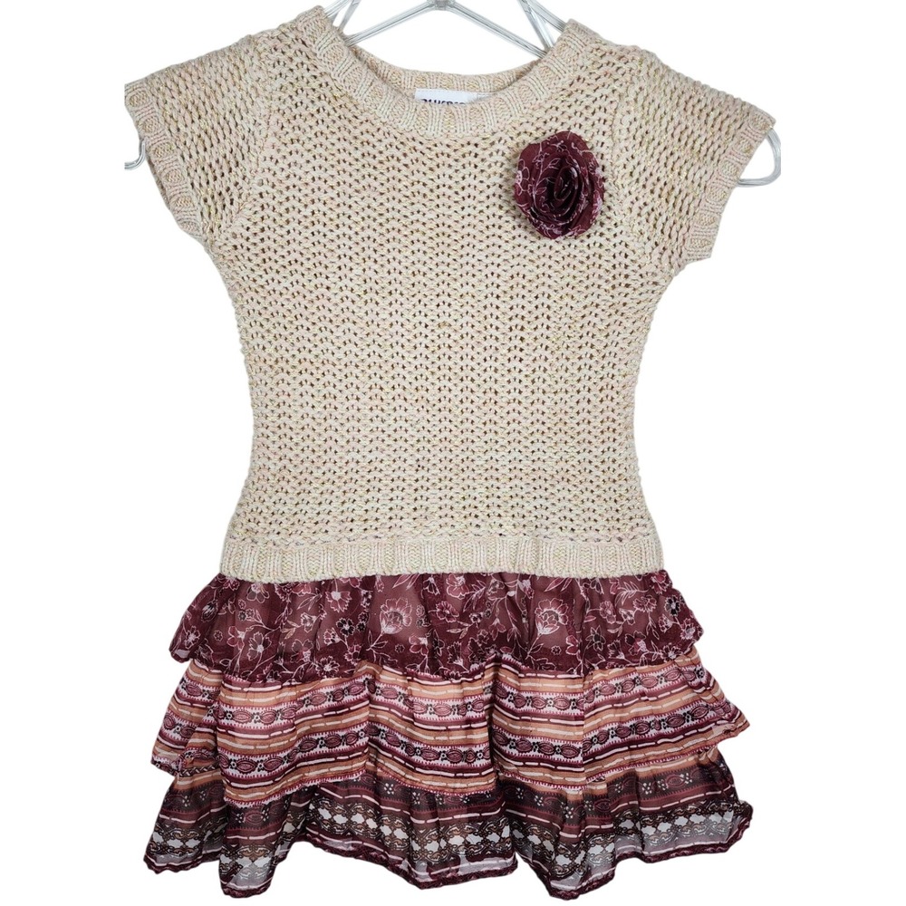 Blueberi Boulevard Girl's Beige‎ Knit Dress with Floral Ruffle Hem Size 6/6X